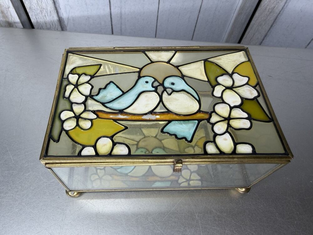 VTG Art Stained Glass Effect Love Birds Jewelry Box Super Radiance Hand Crafted